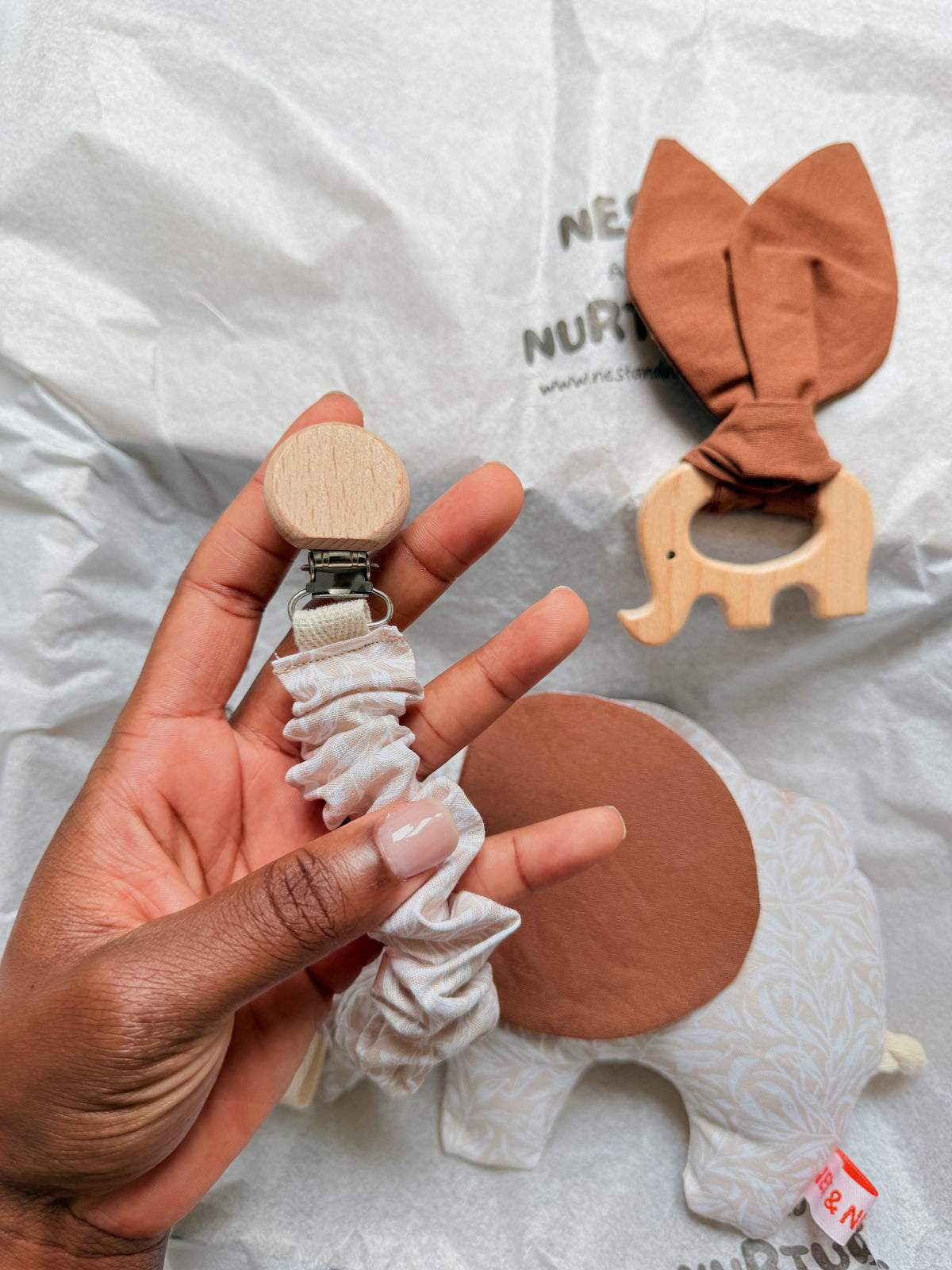 Cream Leaves Elephant Baby Gift Set | Rattle, Teether & Pacifier Clip
