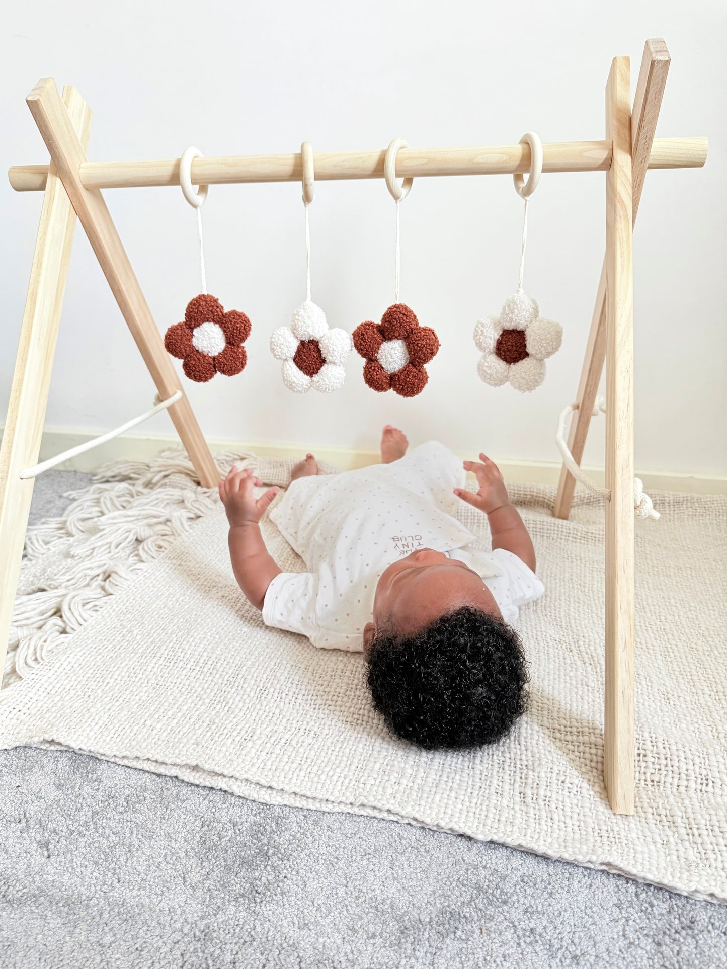Wooden Baby Play Gym - Brown and White Flowers