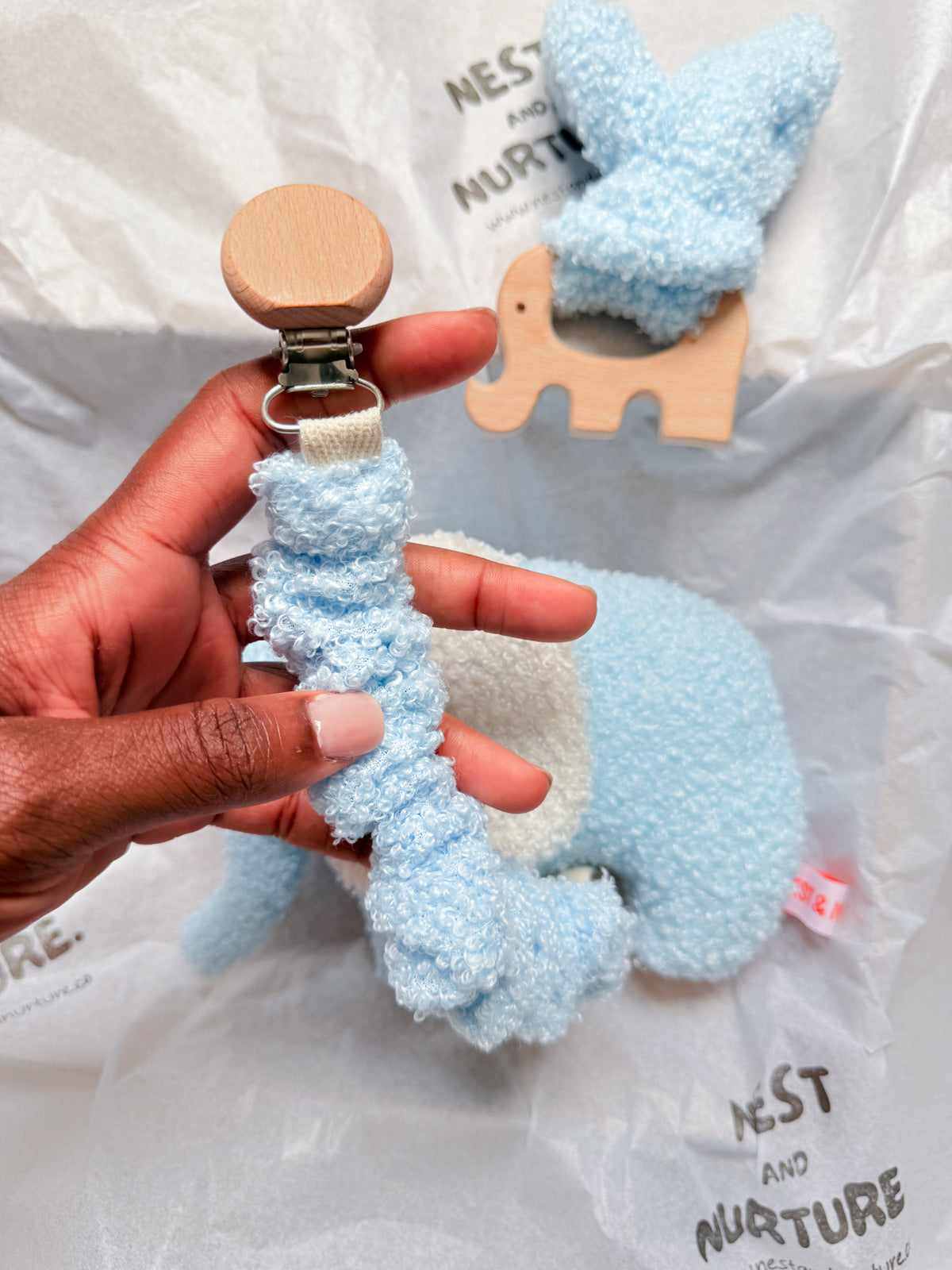 Blue Boucle Elephant Baby Gift Set | Rattle, Teether & Dummy Clip