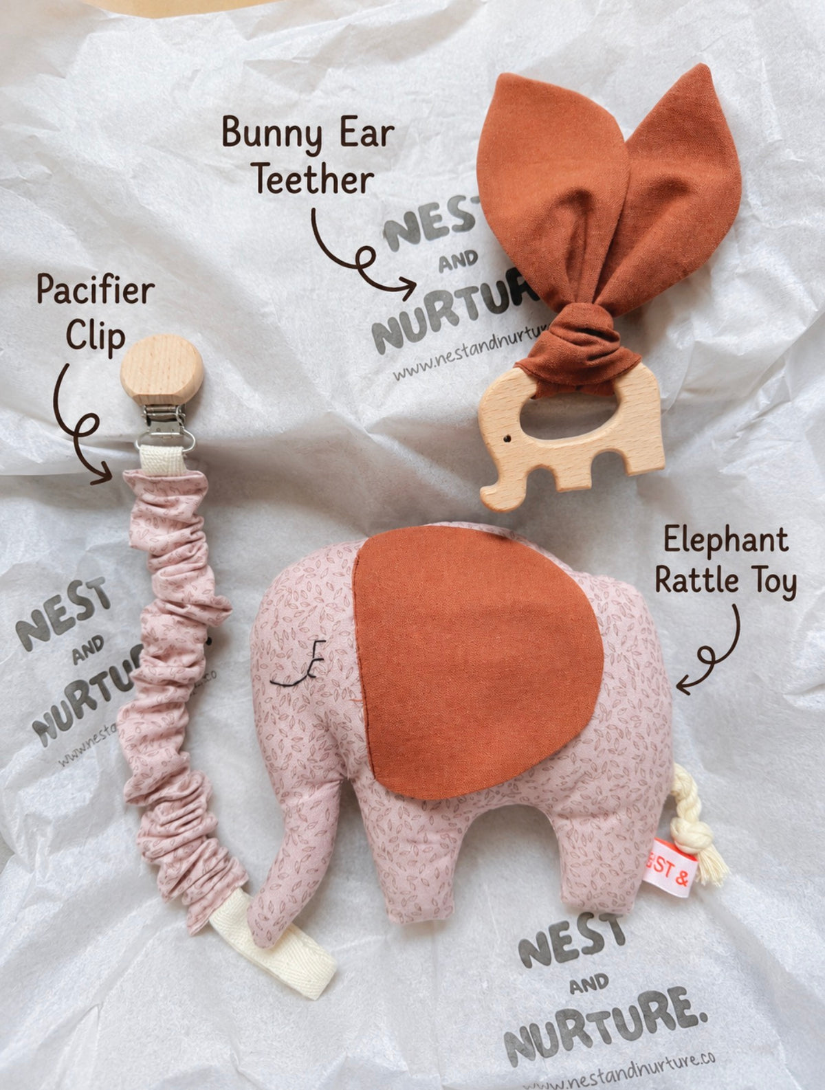 Blush Meadow Elephant Baby Gift Set | Rattle, Teether & Pacifier Clip