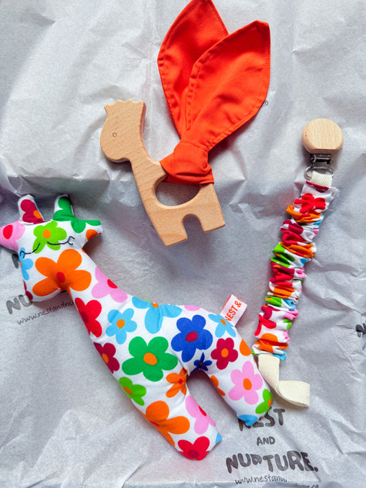 Colourful Flowers Giraffe Baby Gift Set | Rattle, Teether & Pacifier Clip