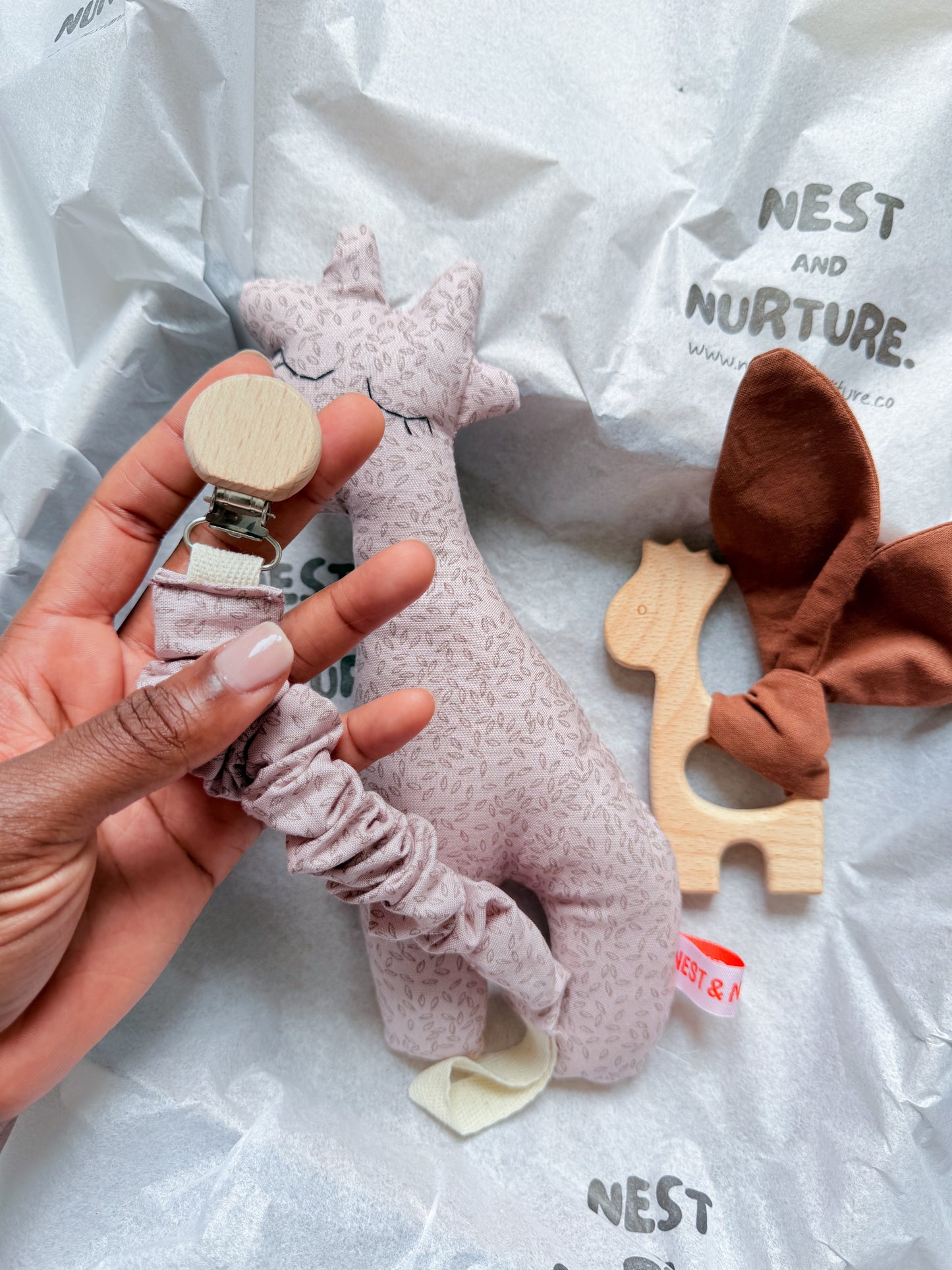 Blush Meadow Giraffe Baby Gift Set | Rattle, Teether & Pacifier Clip