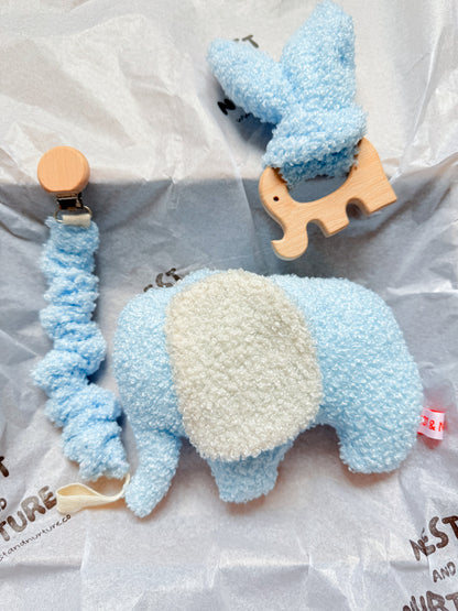 Blue Boucle Elephant Baby Gift Set | Rattle, Teether & Dummy Clip