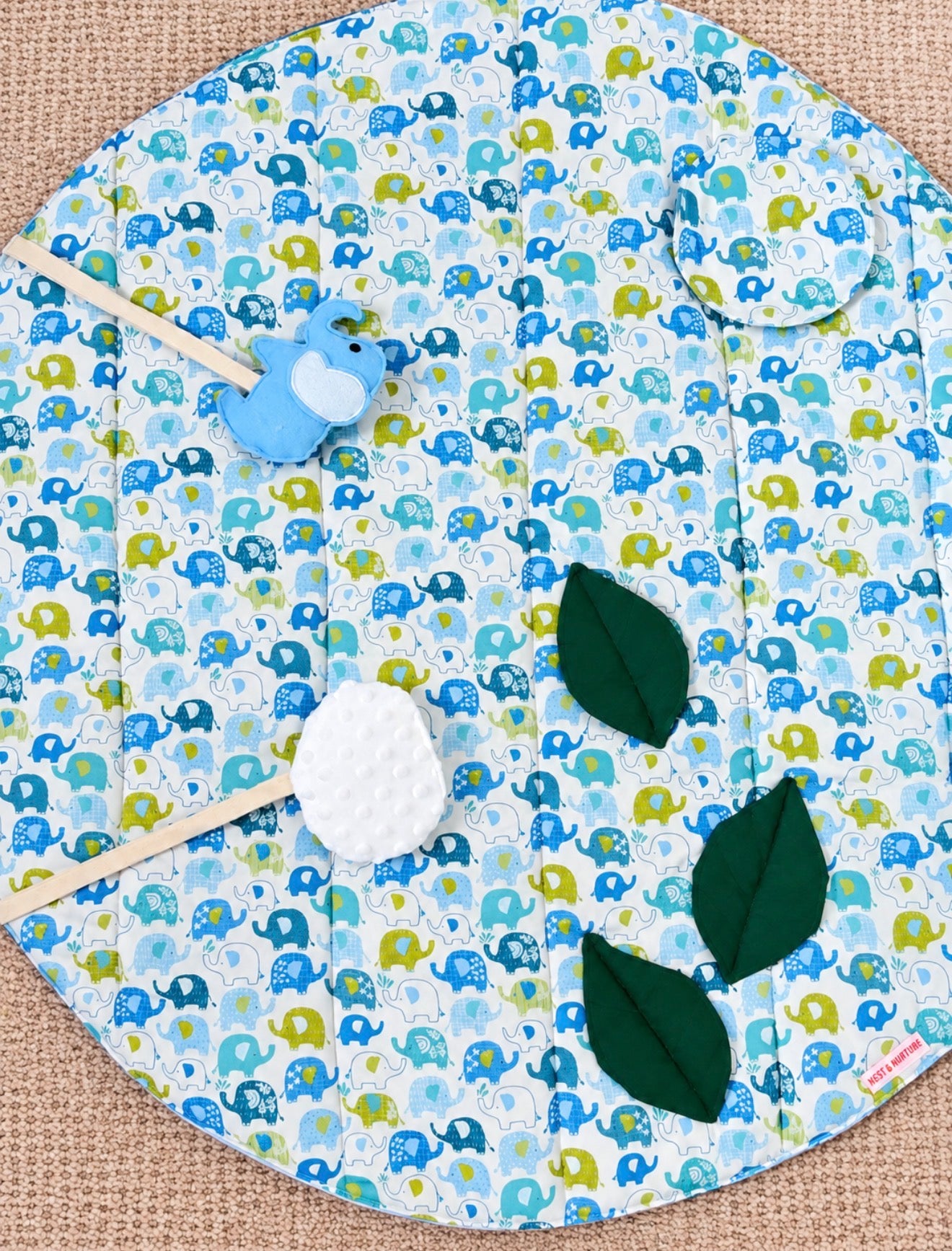 Blue Baby Elephant Sensory Play Mat – Mirror, Rattle, Crinkle Cloud & 3D Leaves