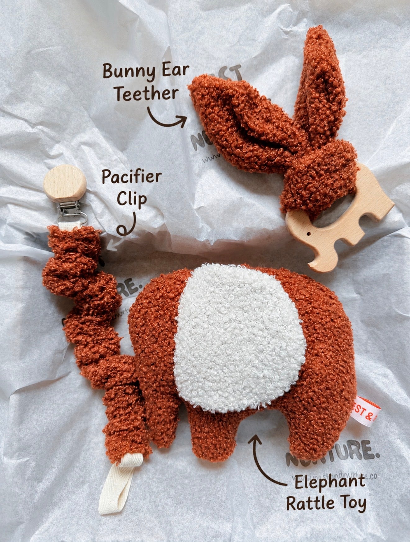 Rust Boucle Elephant Baby Gift Set | Rattle, Teether & Pacifier Clip