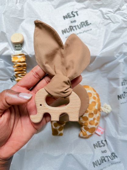 Golden Safari Elephant Baby Gift Set | Rattle, Teether & Pacifier Clip