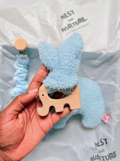 Blue Boucle Elephant Baby Gift Set | Rattle, Teether & Dummy Clip