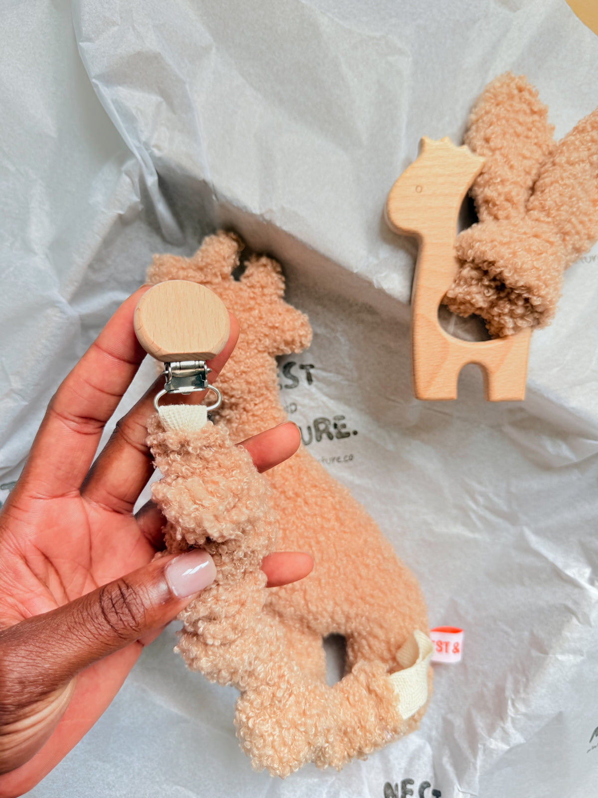 Apricot Boucle Giraffe Baby Gift Set | Rattle, Teether & Dummy Clip
