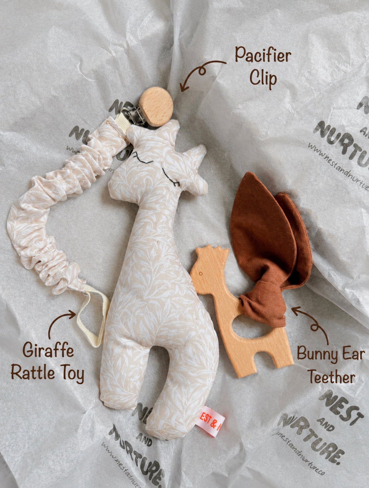 Cream Leaves Giraffe Baby Gift Set | Rattle, Teether & Pacifier Clip