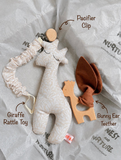 Cream Leaves Giraffe Baby Gift Set | Rattle, Teether & Pacifier Clip