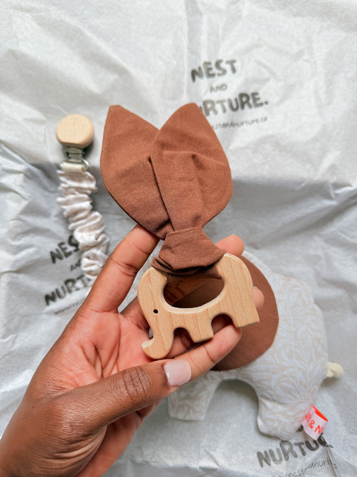 Cream Leaves Elephant Baby Gift Set | Rattle, Teether & Pacifier Clip
