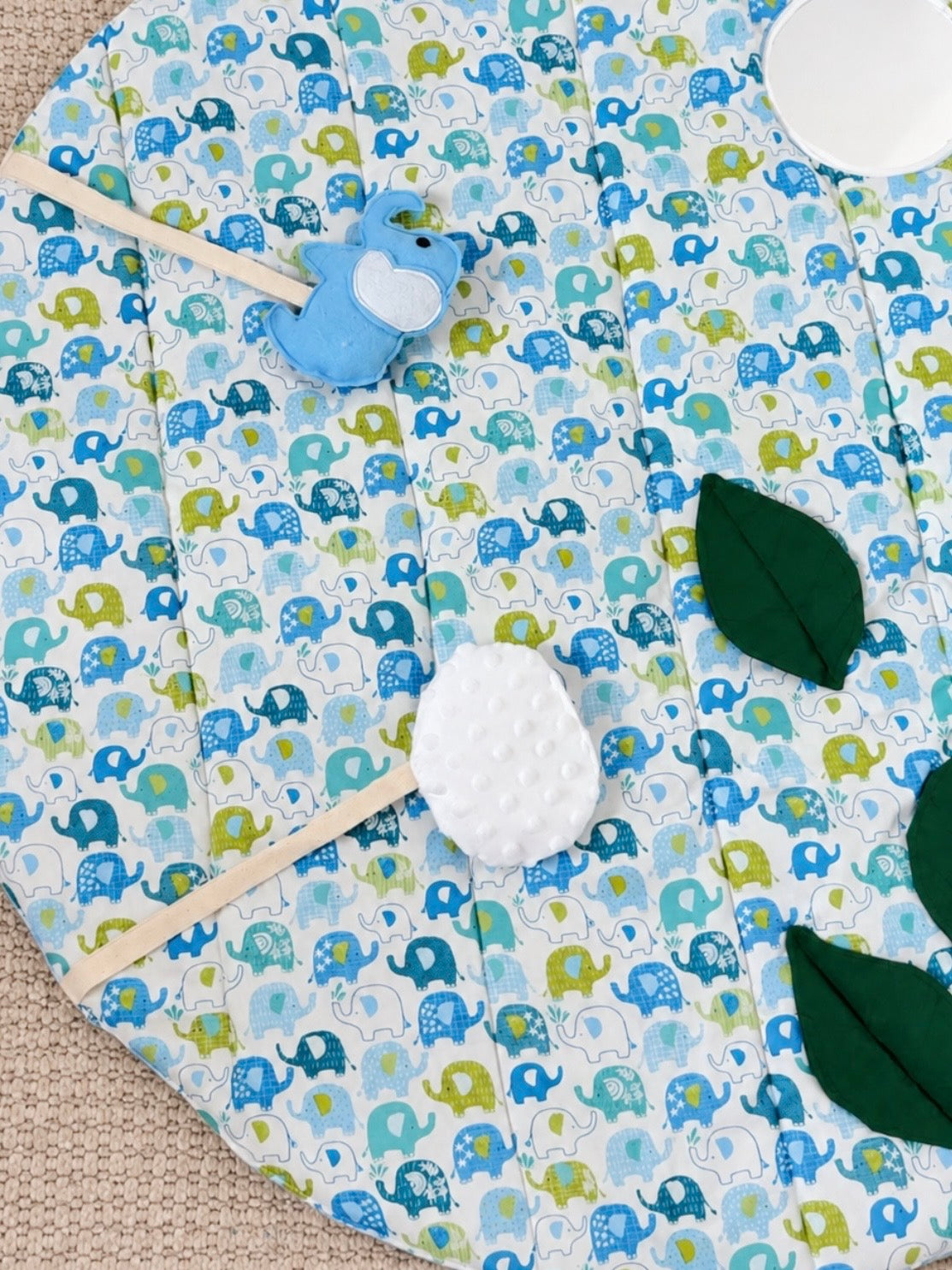 Blue Baby Elephant Sensory Play Mat – Mirror, Rattle, Crinkle Cloud & 3D Leaves