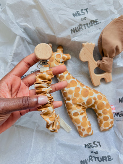 Golden Safari Giraffe Baby Gift Set | Rattle, Teether & Pacifier Clip