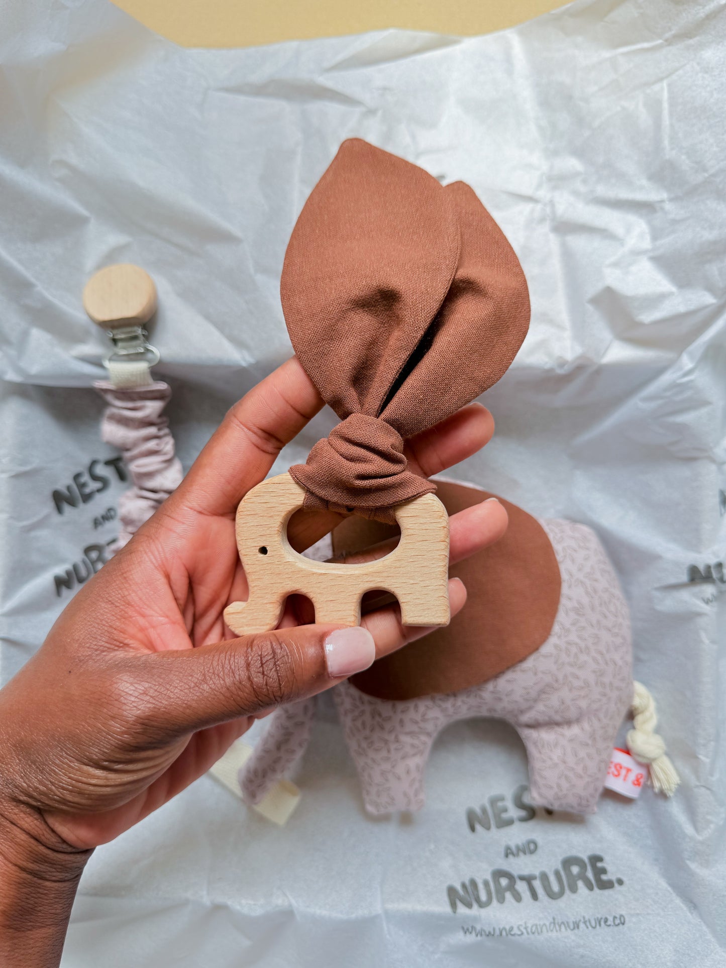 Blush Meadow Elephant Baby Gift Set | Rattle, Teether & Pacifier Clip