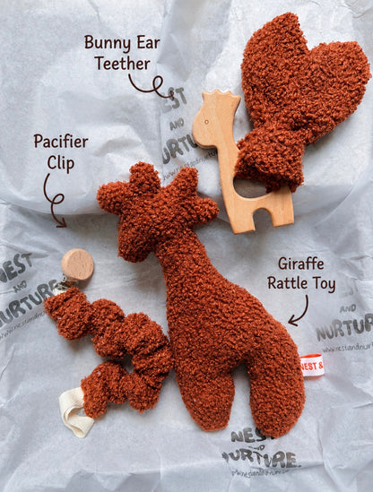 Rust Boucle Giraffe Baby Gift Set | Rattle, Teether & Pacifier Clip