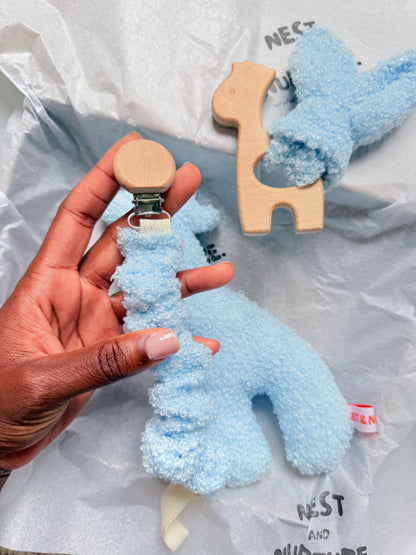 Blue Boucle Giraffe Baby Gift Set | Rattle, Teether & Dummy Clip