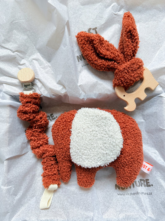 Rust Boucle Elephant Baby Gift Set | Rattle, Teether & Pacifier Clip