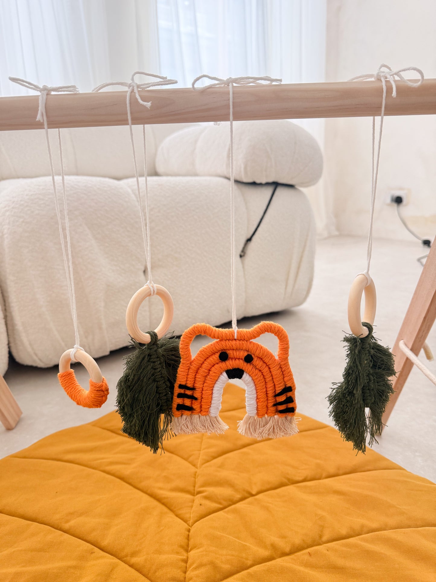 Tiger Macramé Baby Play Gym Toy Set | Handmade Montessori Hanging Toys | Jungle Nursery Decor