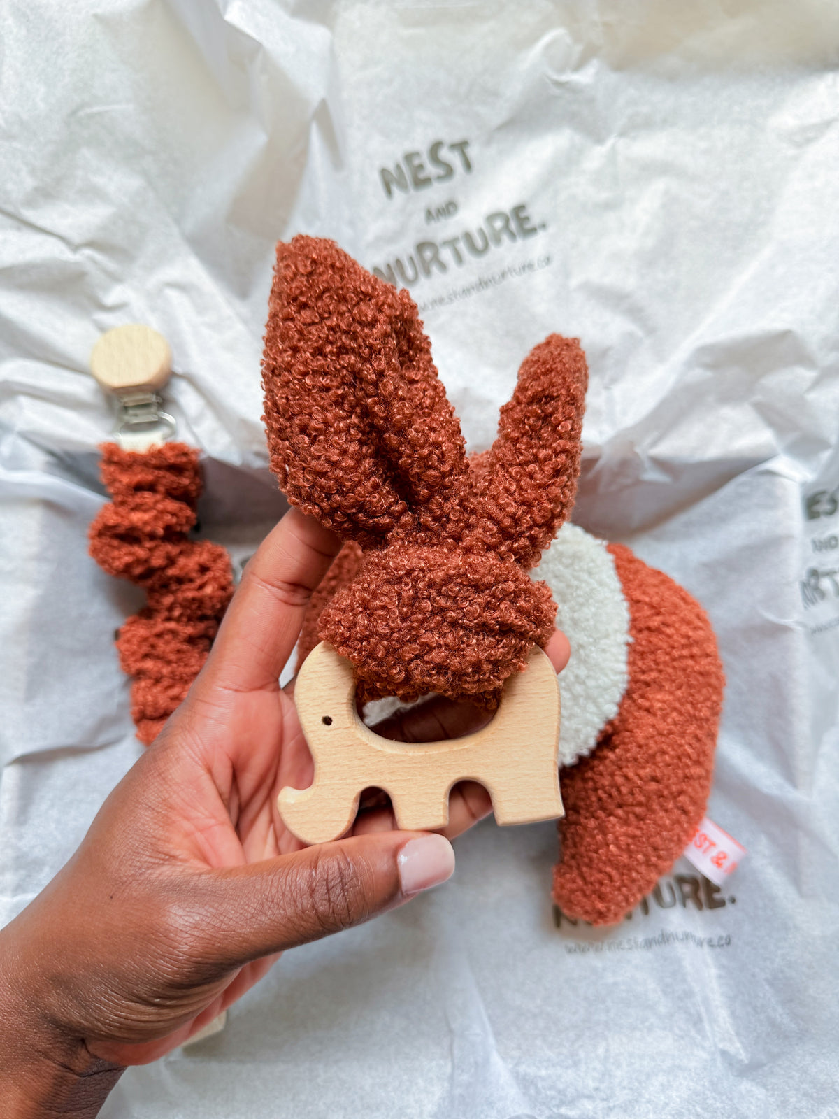 Rust Boucle Elephant Baby Gift Set | Rattle, Teether & Pacifier Clip