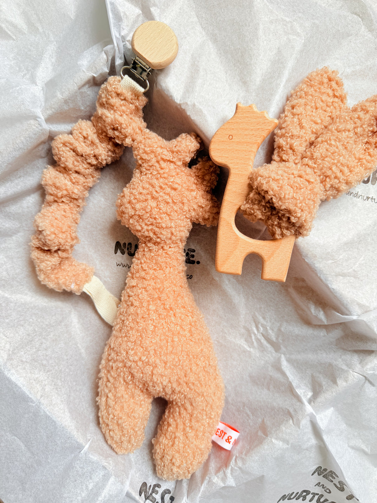 Apricot Boucle Giraffe Baby Gift Set | Rattle, Teether & Dummy Clip