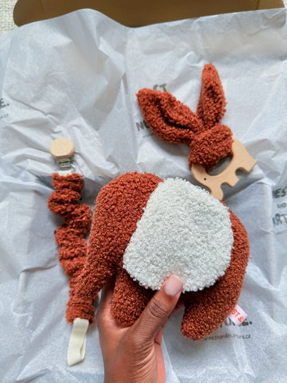 Rust Boucle Elephant Baby Gift Set | Rattle, Teether & Pacifier Clip