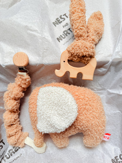 Apricot Boucle Elephant Baby Gift Set | Rattle, Teether & Dummy Clip