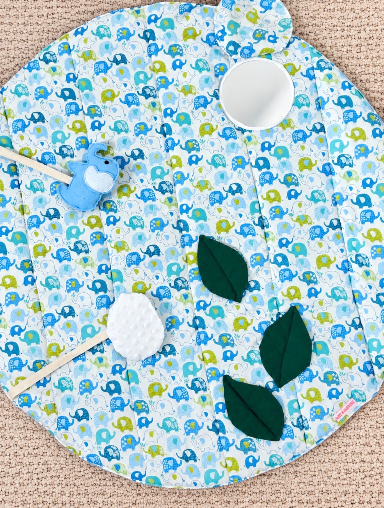 Blue Baby Elephant Sensory Play Mat – Mirror, Rattle, Crinkle Cloud & 3D Leaves