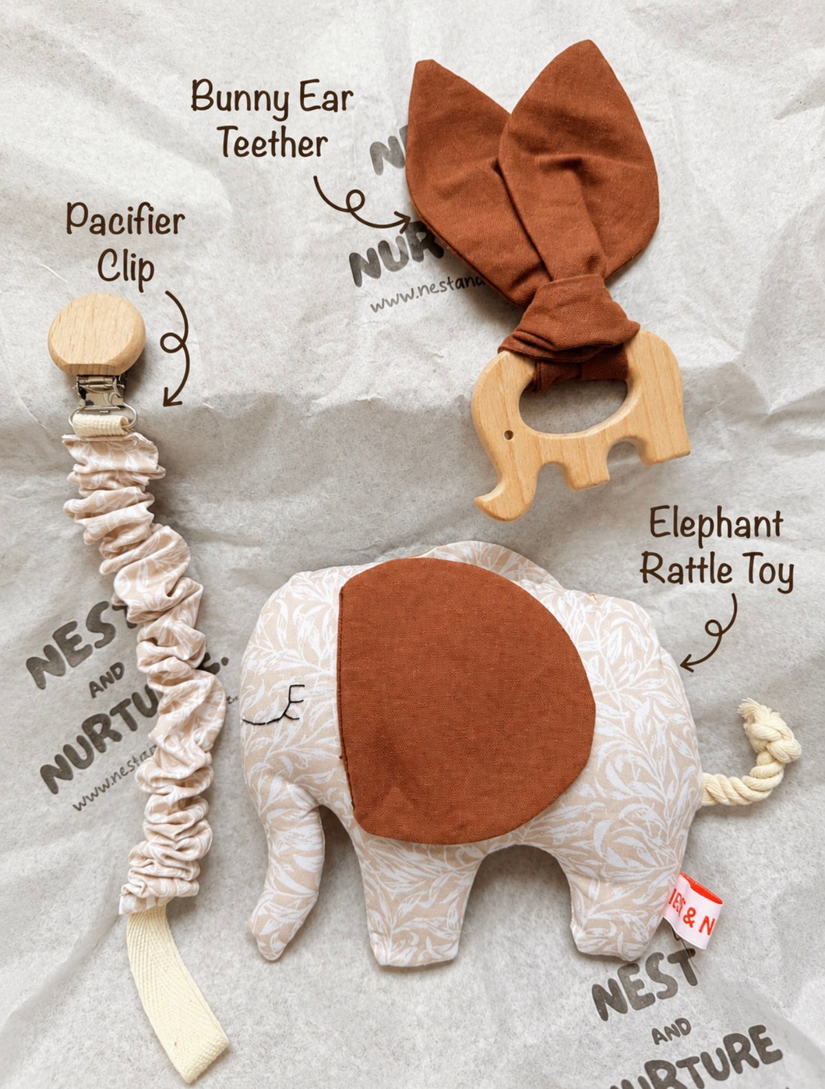 Cream Leaves Elephant Baby Gift Set | Rattle, Teether & Pacifier Clip