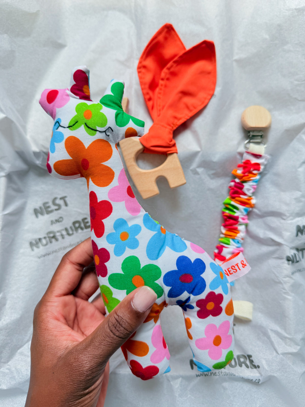 Colourful Flowers Giraffe Baby Gift Set | Rattle, Teether & Pacifier Clip