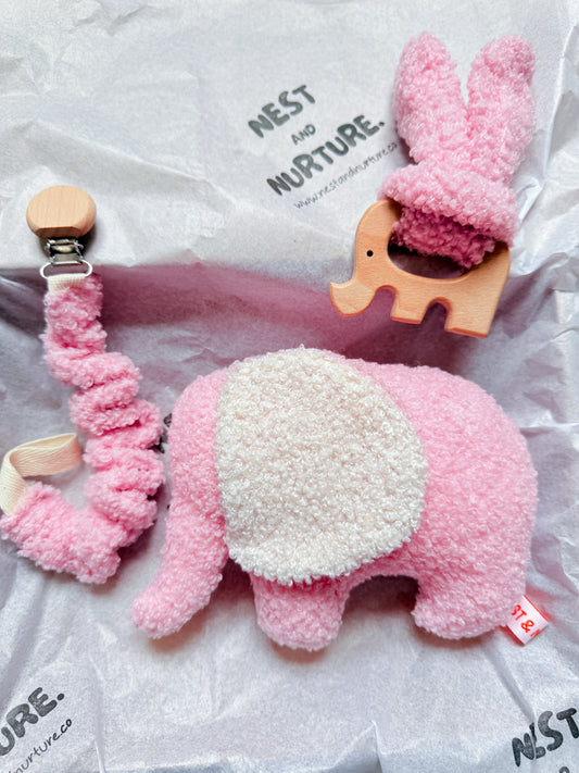 Pink Boucle Elephant Baby Gift Set | Rattle, Teether & Dummy Clip