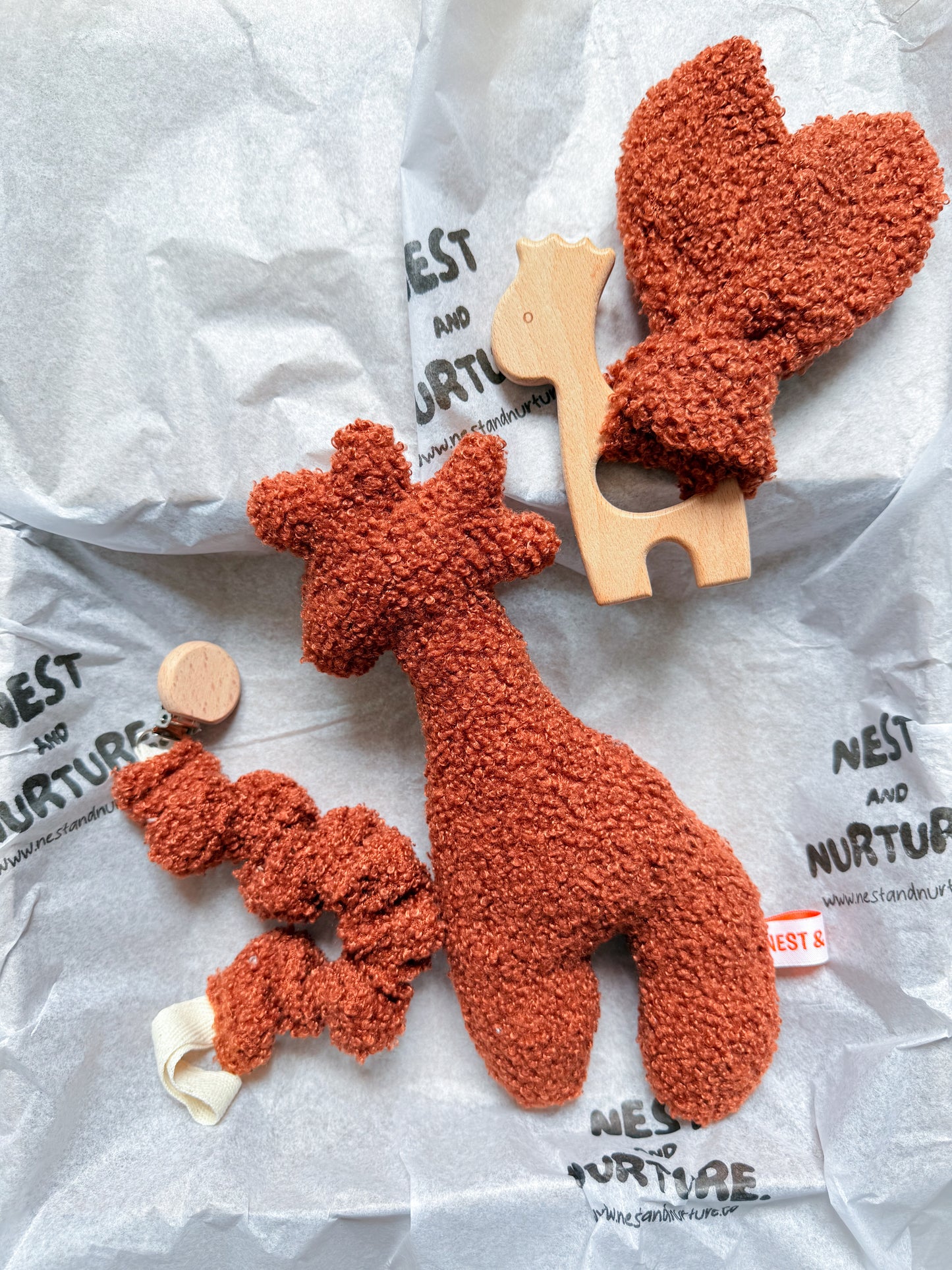 Rust Boucle Giraffe Baby Gift Set | Rattle, Teether & Pacifier Clip
