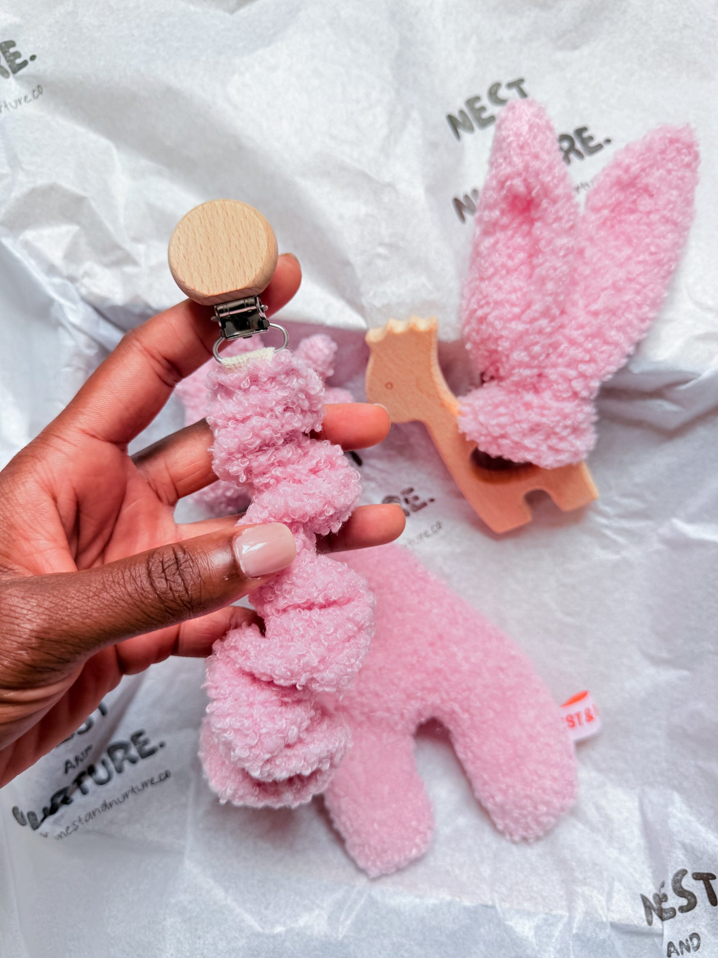 Pink Boucle Giraffe Baby Gift Set | Rattle, Teether & Dummy Clip