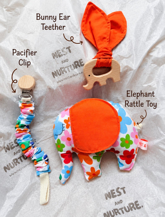 Colourful Flowers Elephant Baby Gift Set | Rattle, Teether & Pacifier Clip