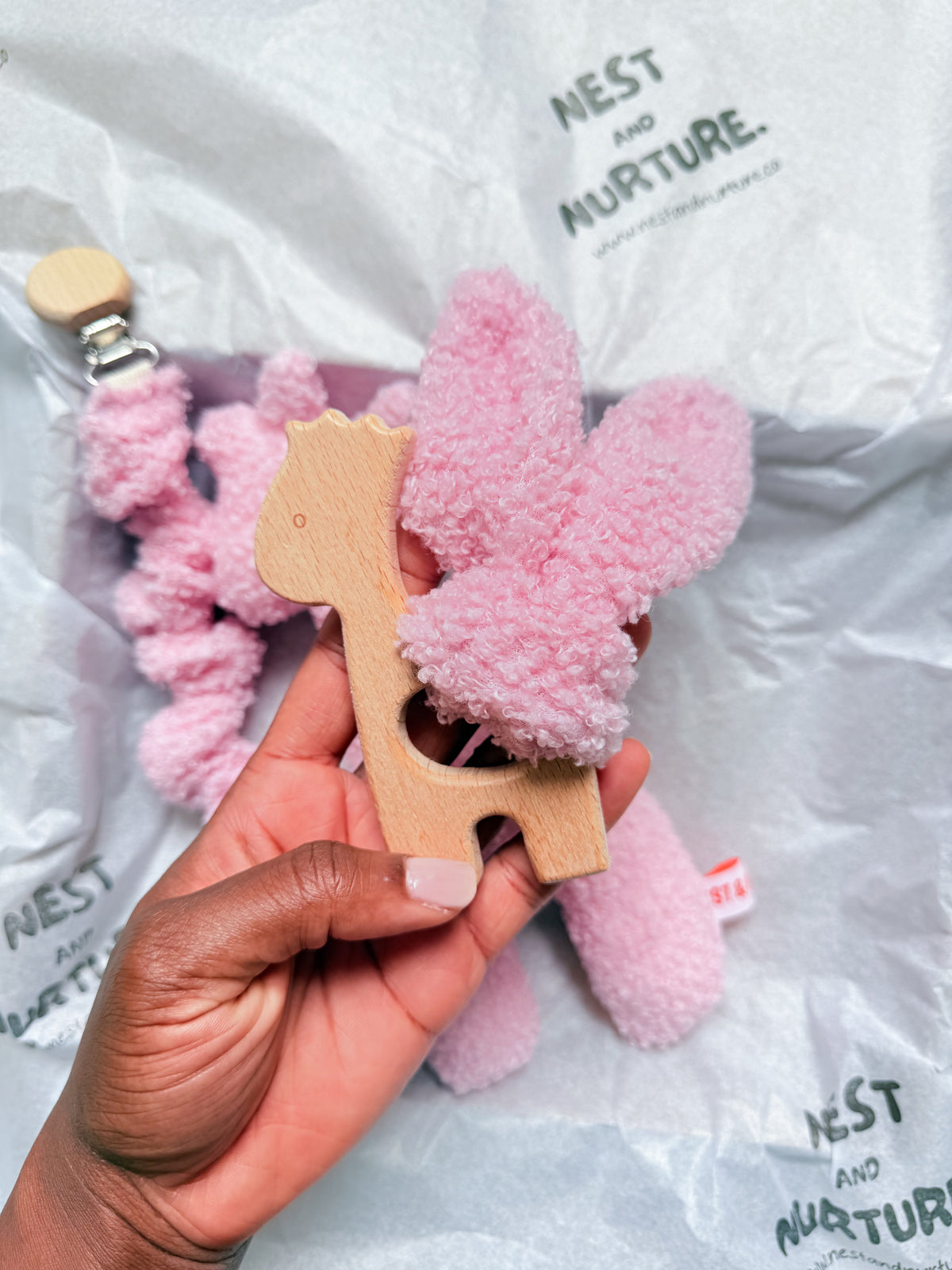 Pink Boucle Giraffe Baby Gift Set | Rattle, Teether & Dummy Clip