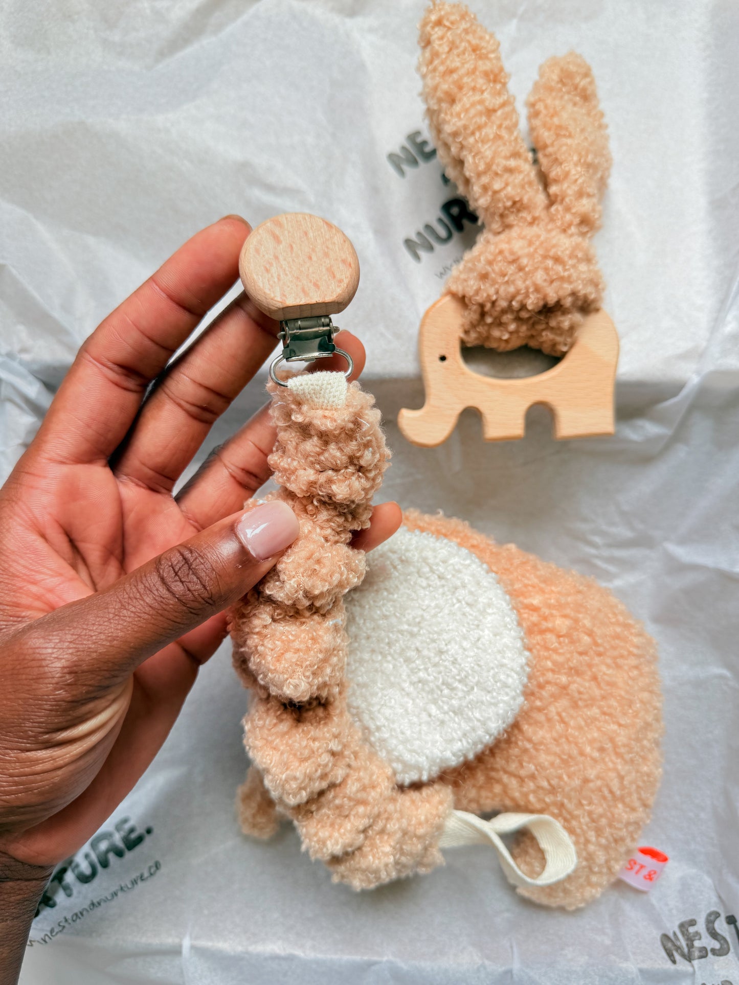 Apricot Boucle Elephant Baby Gift Set | Rattle, Teether & Dummy Clip