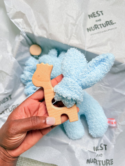 Blue Boucle Giraffe Baby Gift Set | Rattle, Teether & Dummy Clip