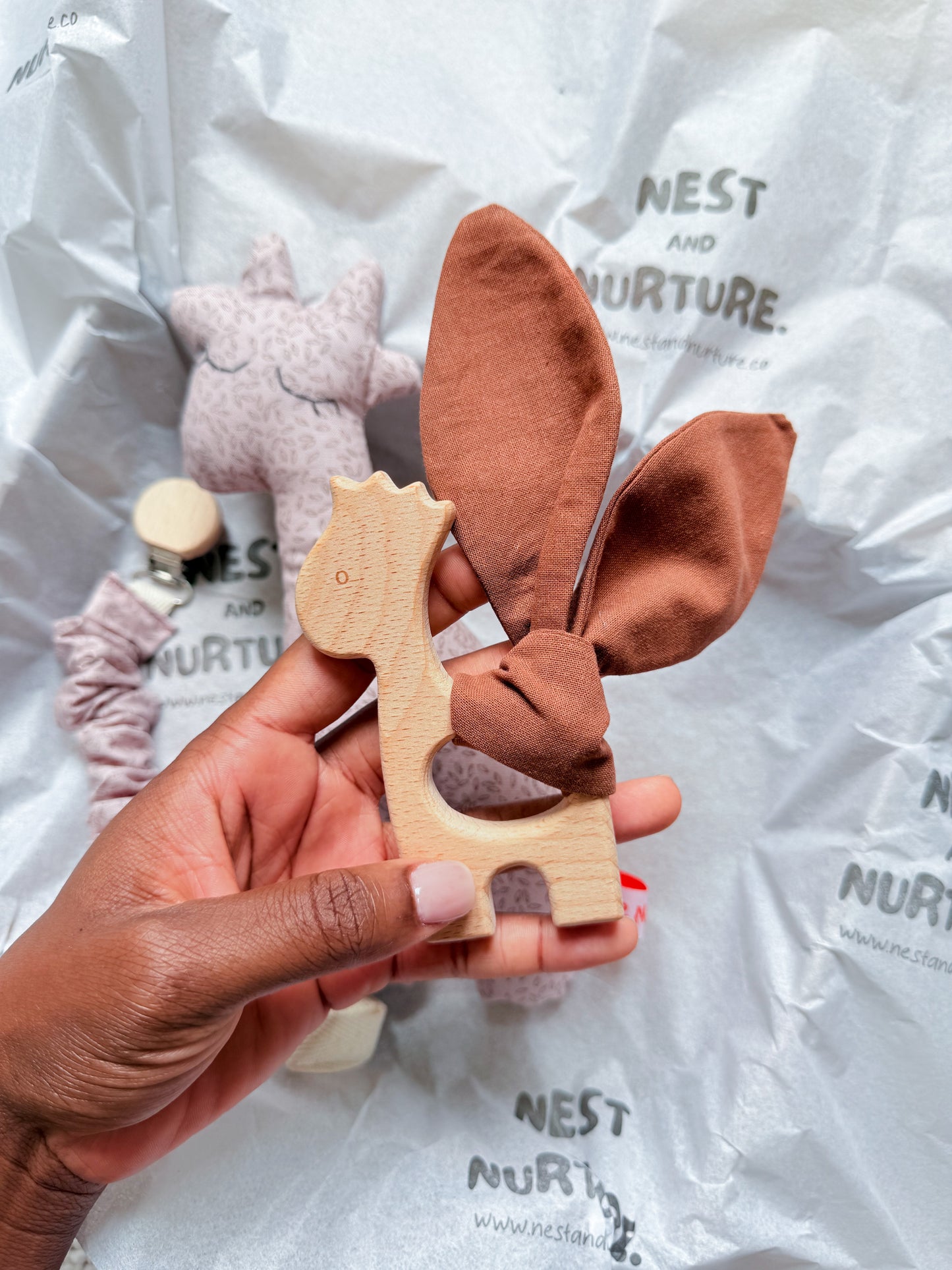Blush Meadow Giraffe Baby Gift Set | Rattle, Teether & Pacifier Clip