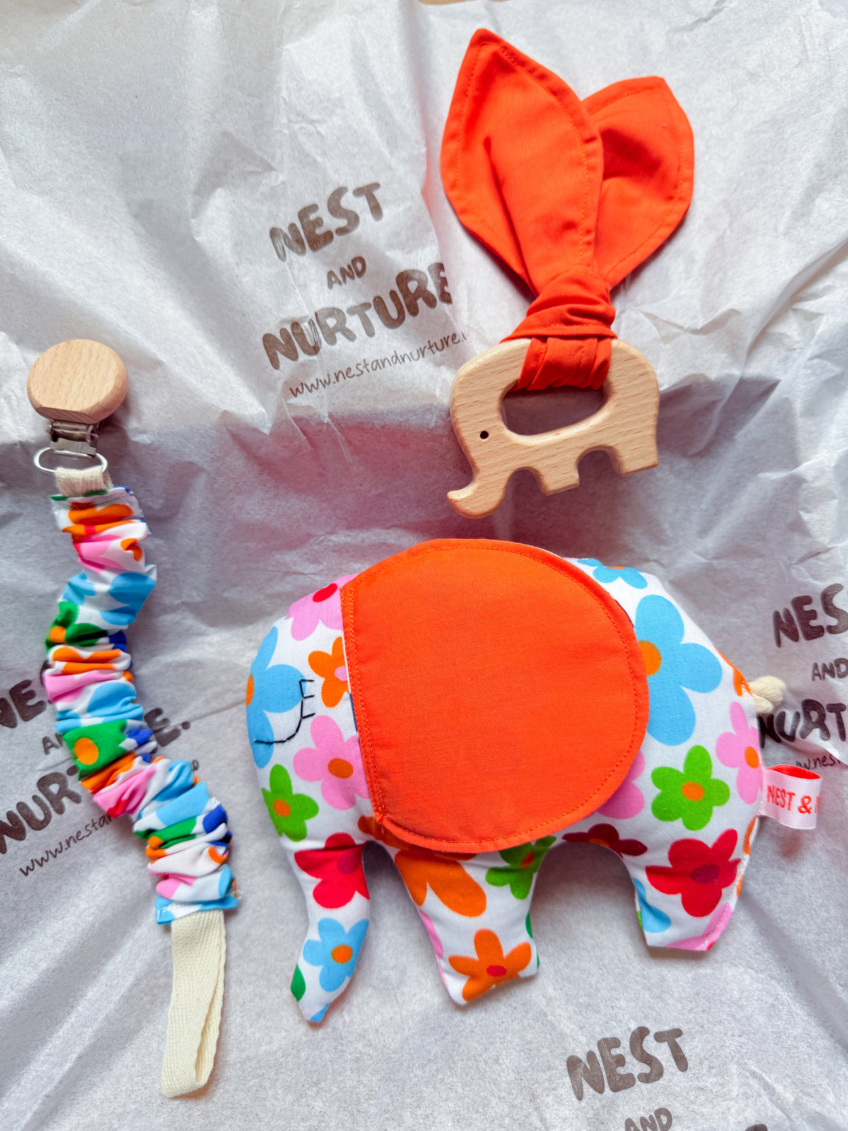 Colourful Flowers Elephant Baby Gift Set | Rattle, Teether & Pacifier Clip