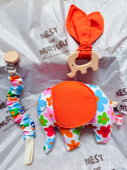 Colourful Flowers Elephant Baby Gift Set | Rattle, Teether & Pacifier Clip