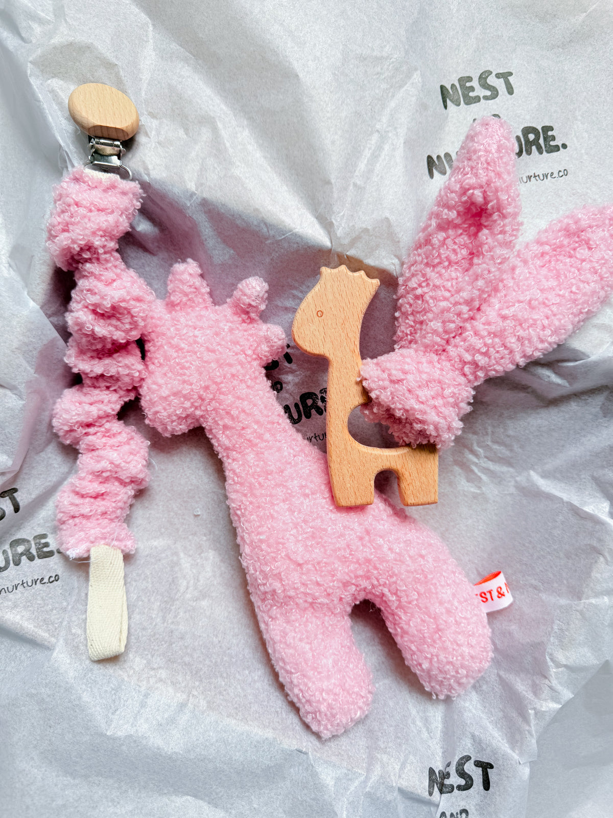 Pink Boucle Giraffe Baby Gift Set | Rattle, Teether & Dummy Clip