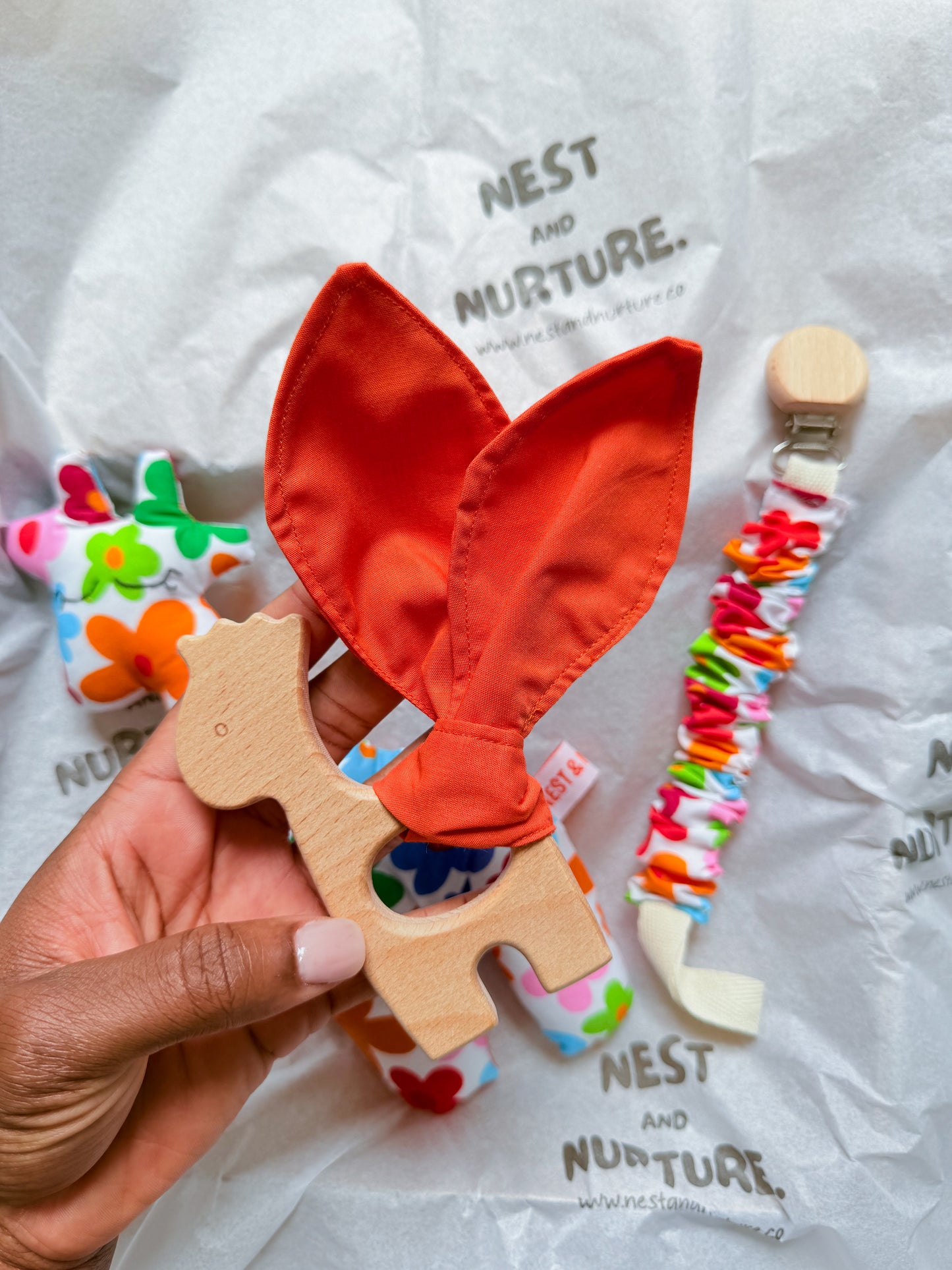 Colourful Flowers Giraffe Baby Gift Set | Rattle, Teether & Pacifier Clip