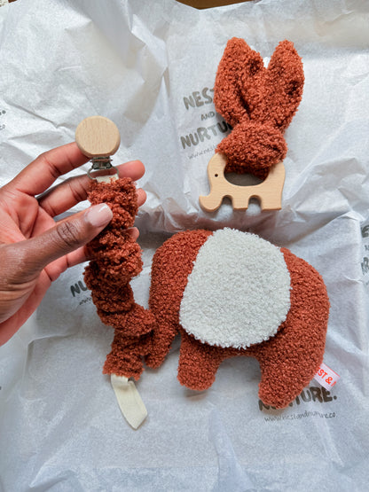 Rust Boucle Elephant Baby Gift Set | Rattle, Teether & Pacifier Clip