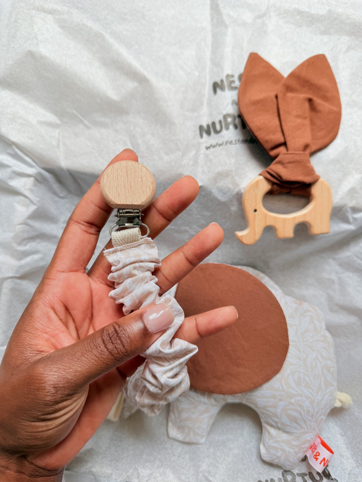 Cream Leaves Elephant Baby Gift Set | Rattle, Teether & Pacifier Clip