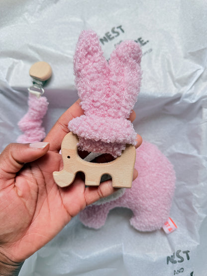 Pink Boucle Elephant Baby Gift Set | Rattle, Teether & Dummy Clip