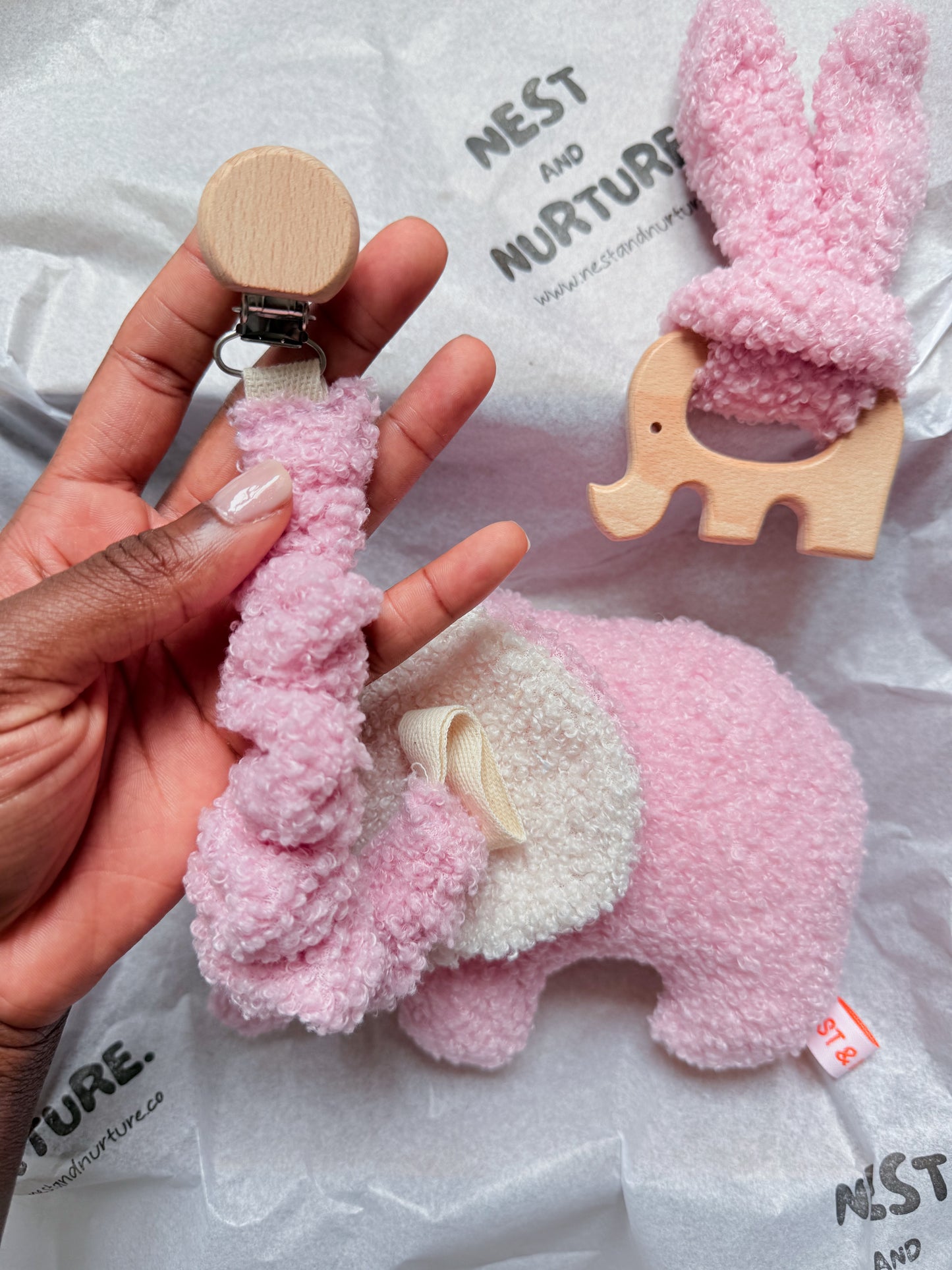 Pink Boucle Elephant Baby Gift Set | Rattle, Teether & Dummy Clip