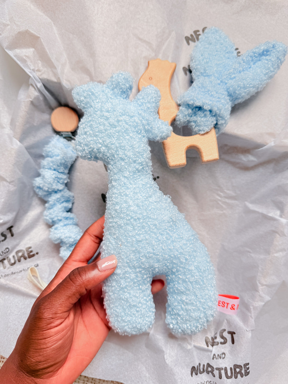 Blue Boucle Giraffe Baby Gift Set | Rattle, Teether & Dummy Clip