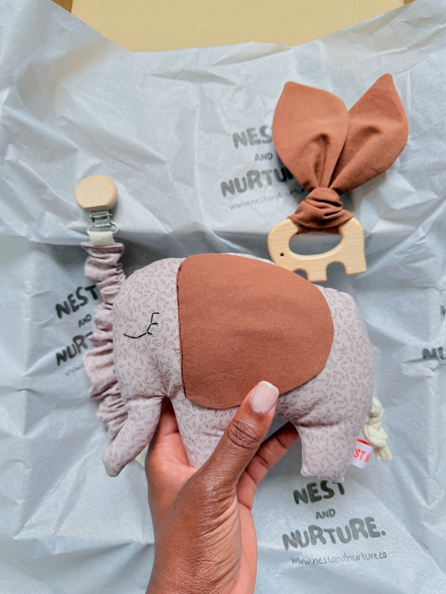 Blush Meadow Elephant Baby Gift Set | Rattle, Teether & Pacifier Clip