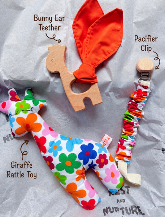 Colourful Flowers Giraffe Baby Gift Set | Rattle, Teether & Pacifier Clip