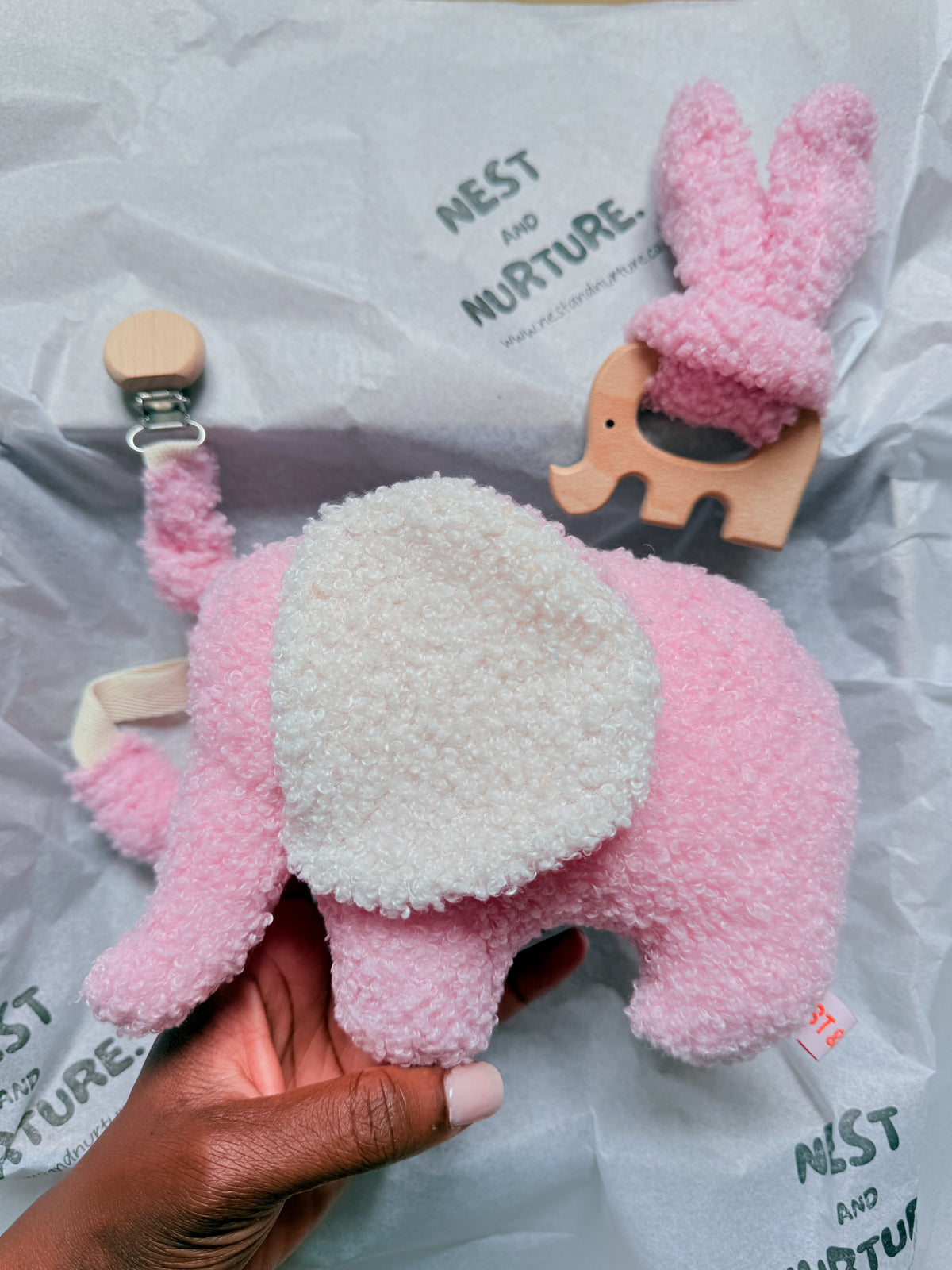 Pink Boucle Elephant Baby Gift Set | Rattle, Teether & Dummy Clip