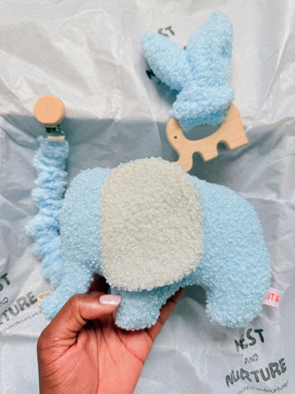 Blue Boucle Elephant Baby Gift Set | Rattle, Teether & Dummy Clip